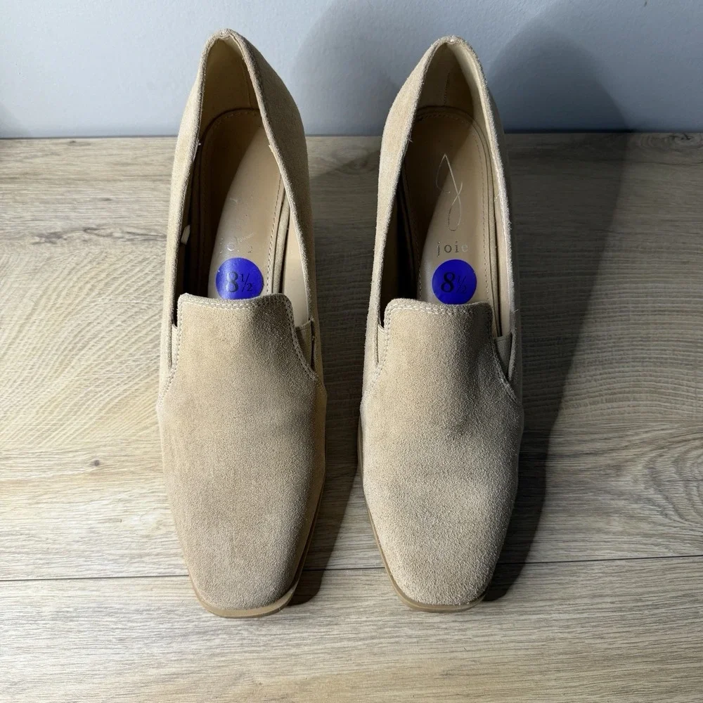 Joie Heeled Loafers Tan Suede Square Toe Block‎ Heel Slip On Mules 8.5 Career